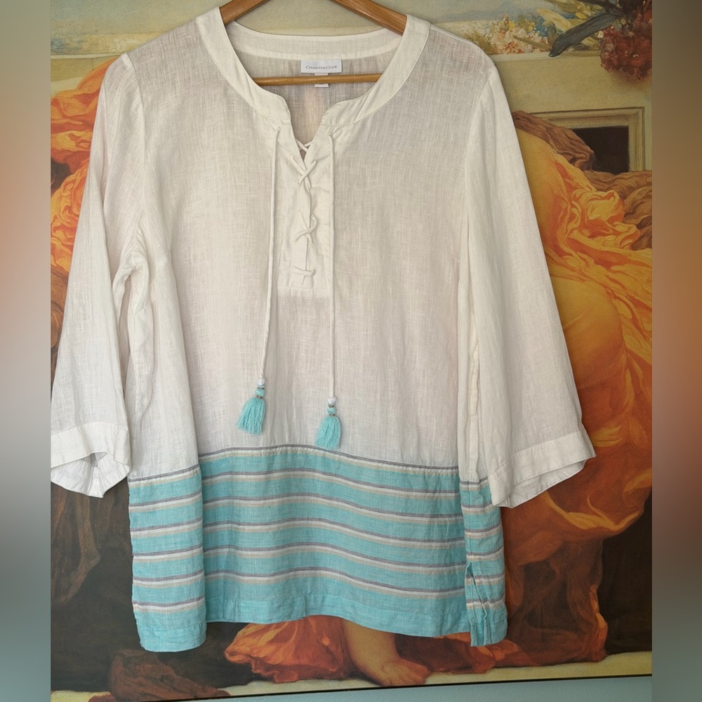 Charter Club linen tunic in aqua and white with laced tassel closure